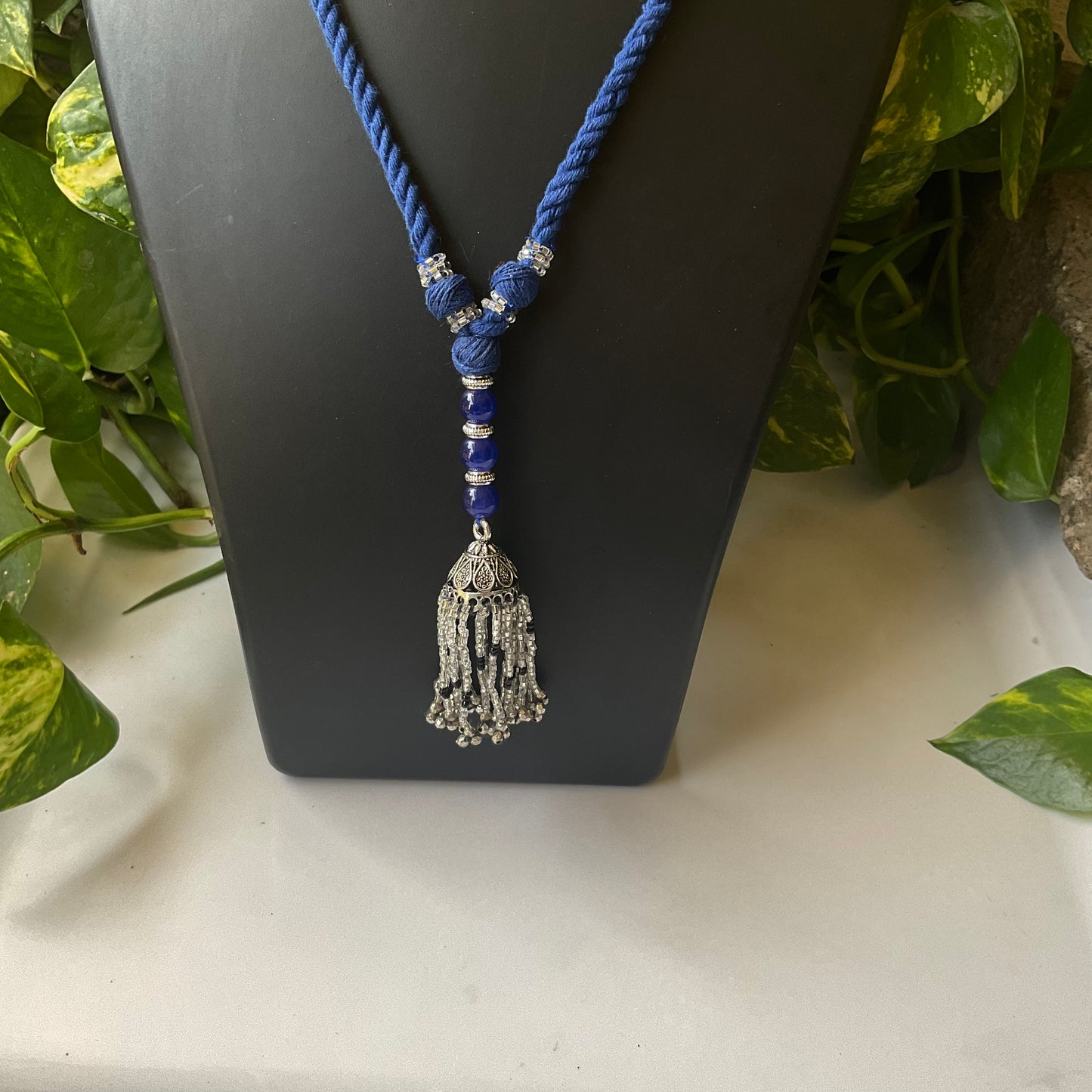 blue cotton macramé jhumka pendent necklace
