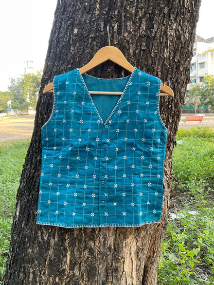 Bella Hand-Embroidered Raw Silk Blue Vest