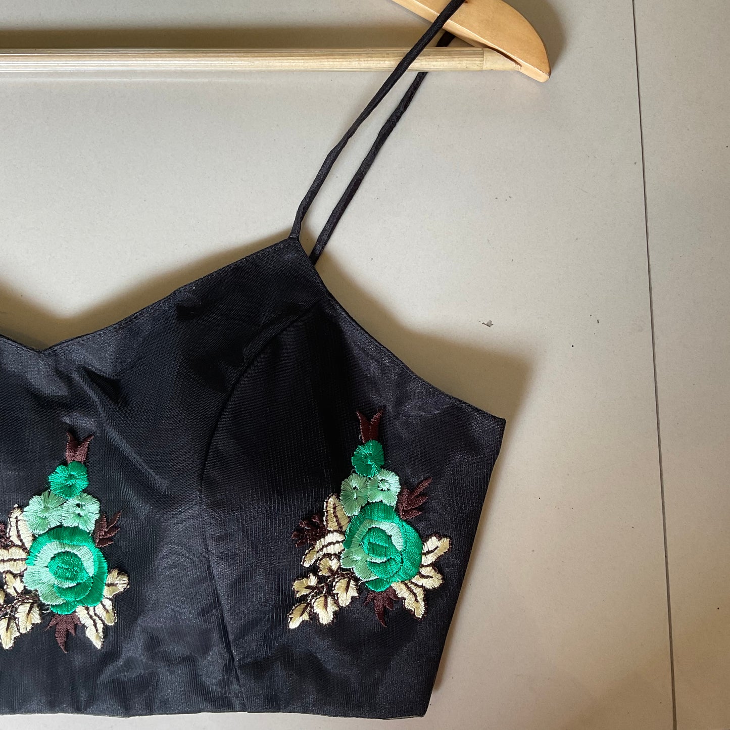 YADNYEE – Black Embroidered Net Spaghetti Blouse