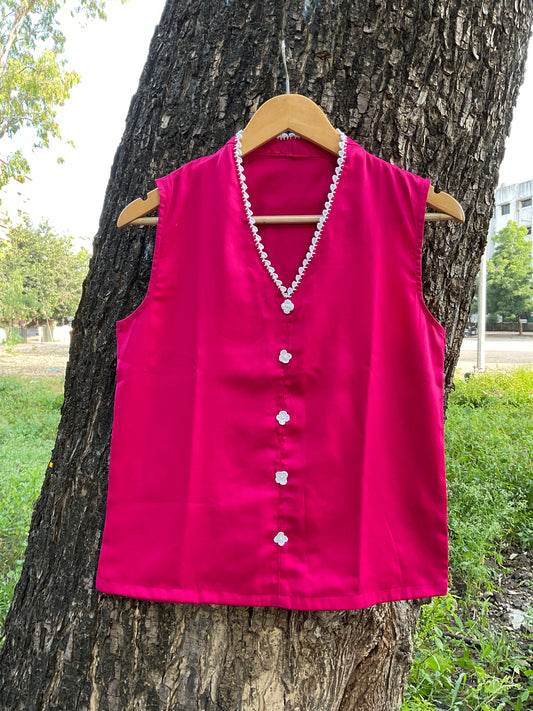 Pink Crochet-Front Silk Cotton Sleeveless Top