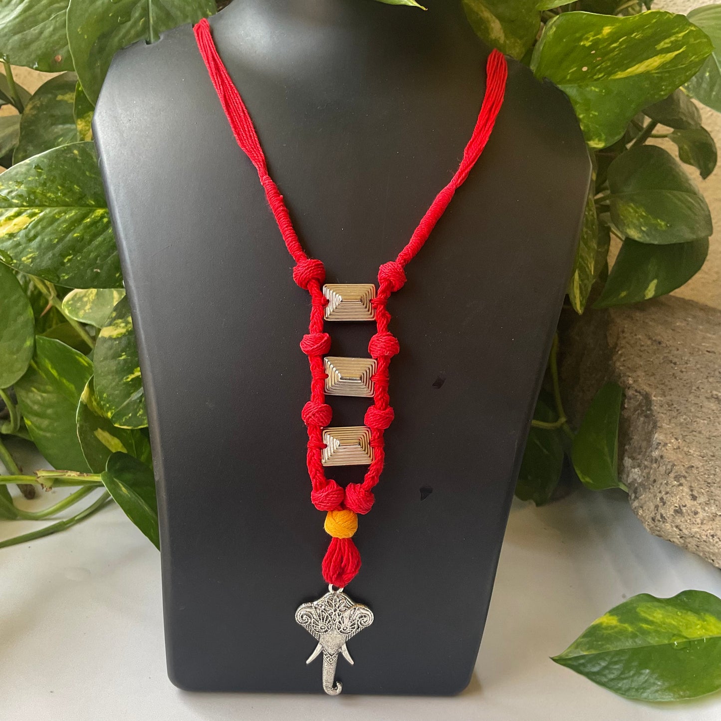 Red Macramé Ganesha Pendant Necklace