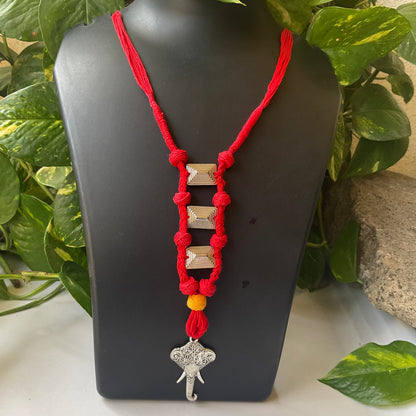 Red Macramé Ganesha Pendant Necklace