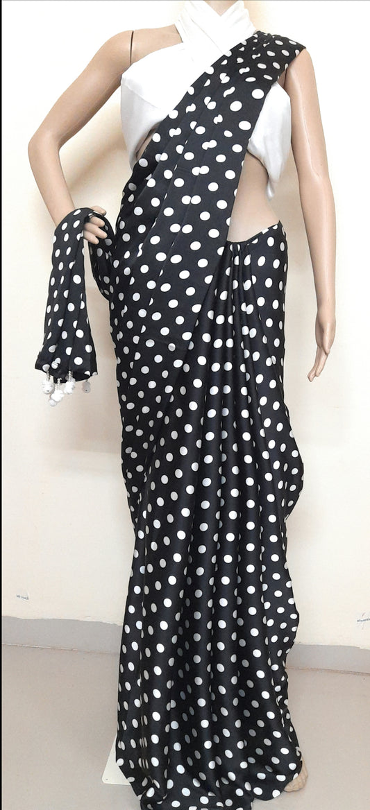 Polka Dot Satin Saree - Classic Bobby Print in Black with White Dots