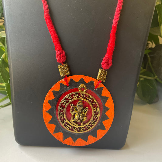 red micrame necklace with wooden ganesh pendent