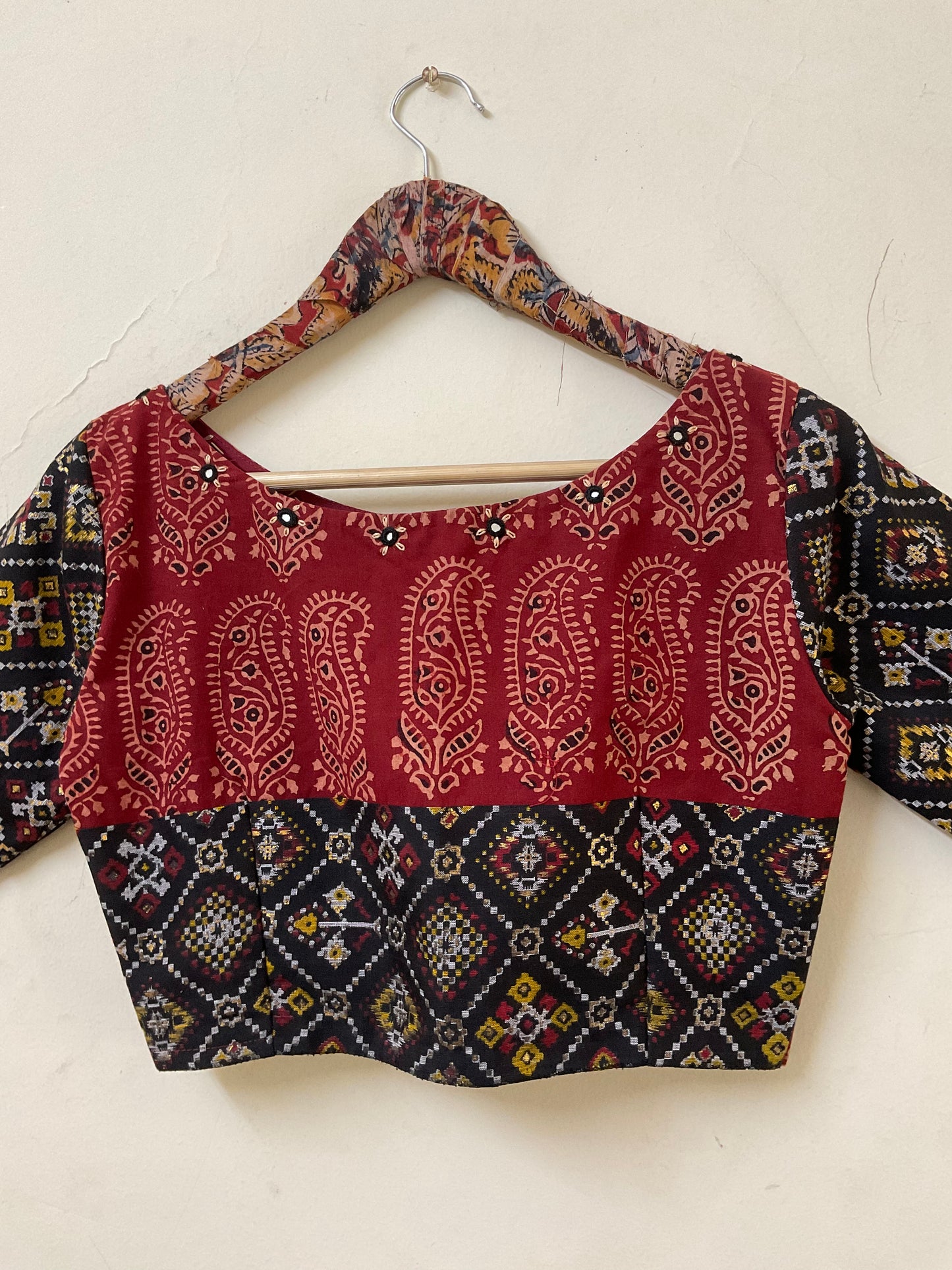 Dipika – Black Handloom Cotton Ethnic Blouse with Kalamkari & Mirror Work