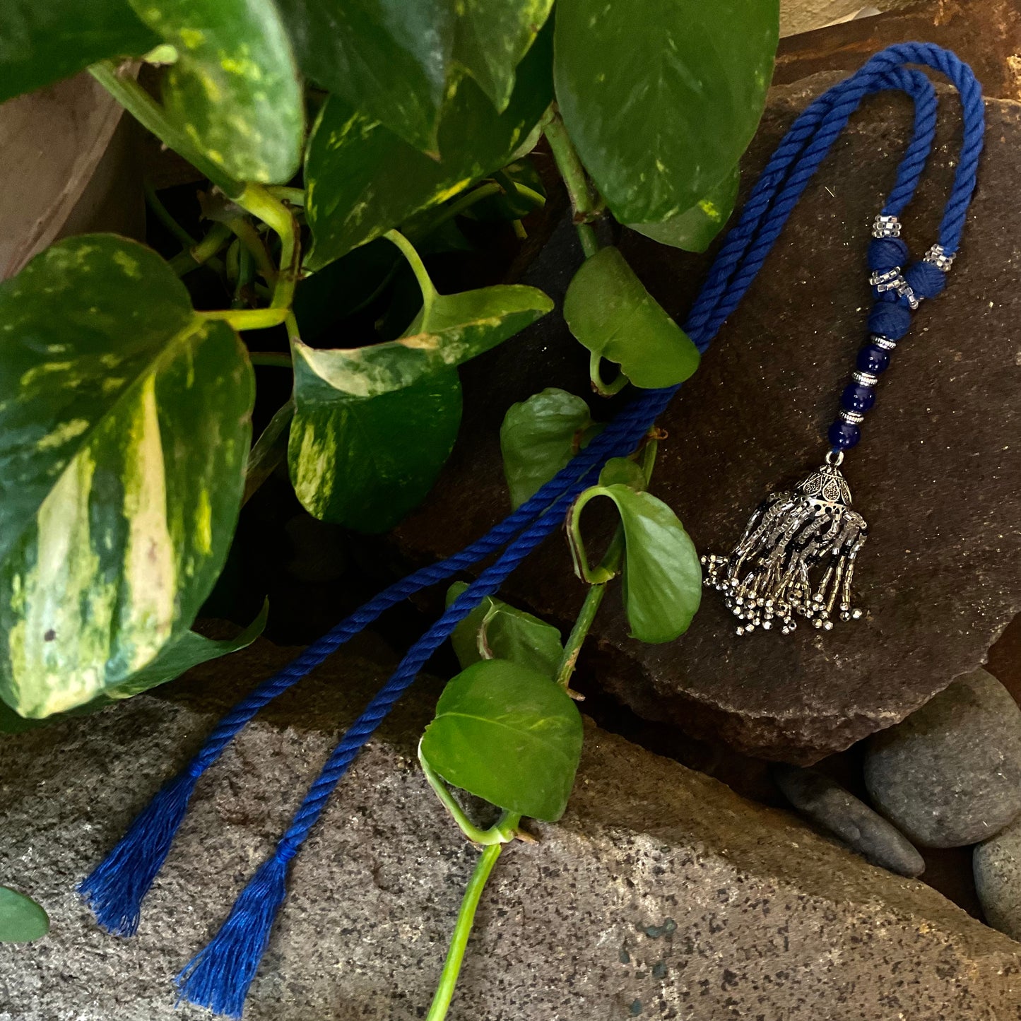 blue cotton macramé jhumka pendent necklace