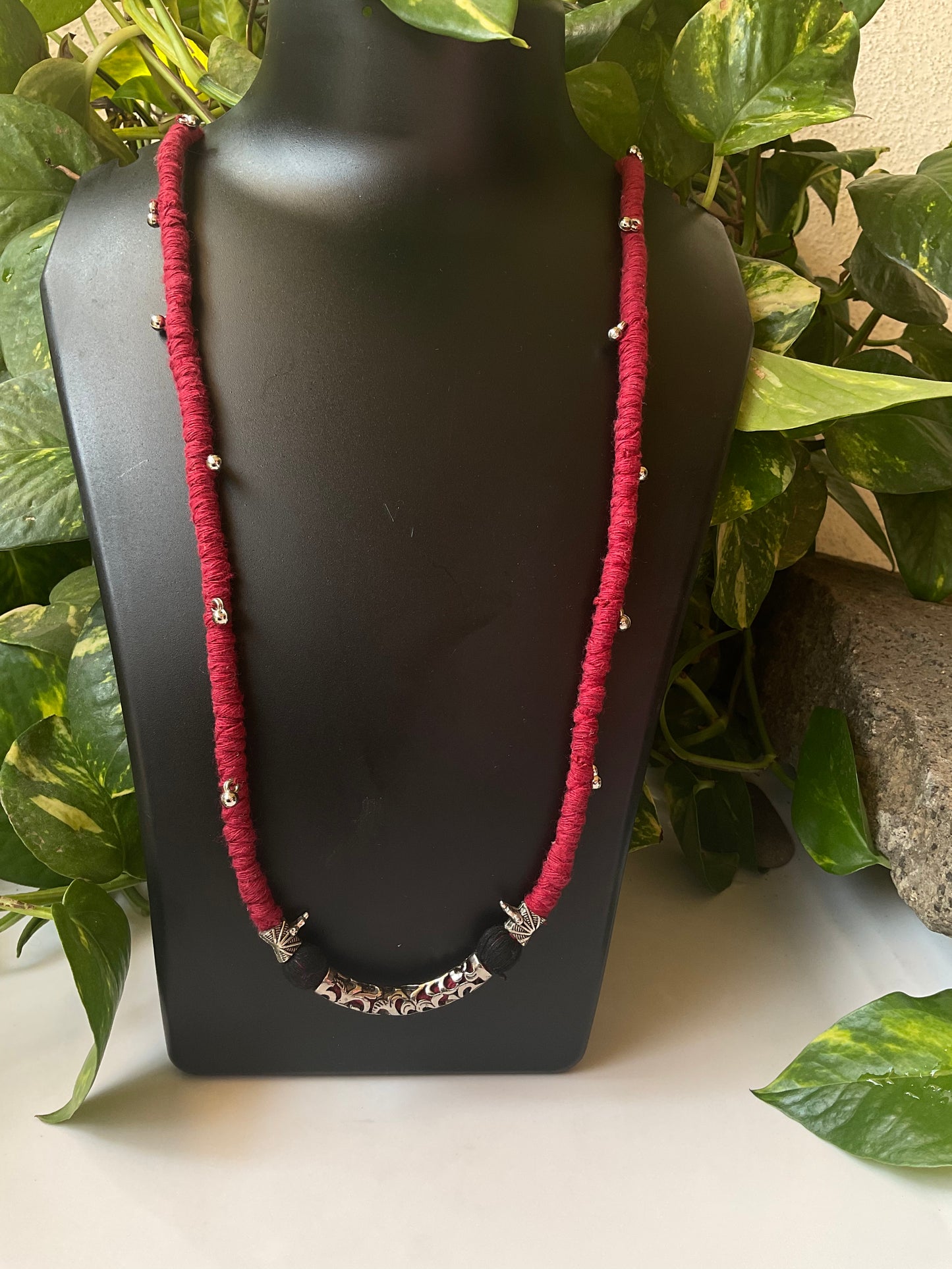 Handmade Ethnic Necklace – Red & Black with Silver Beads, Ghungroo & Macrame Pendant