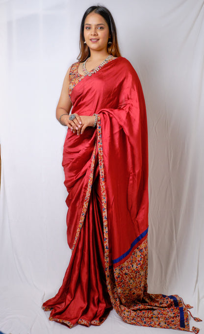 Sindoory - Maroon Kalamkari Viscose Jute Saree with Patchwork