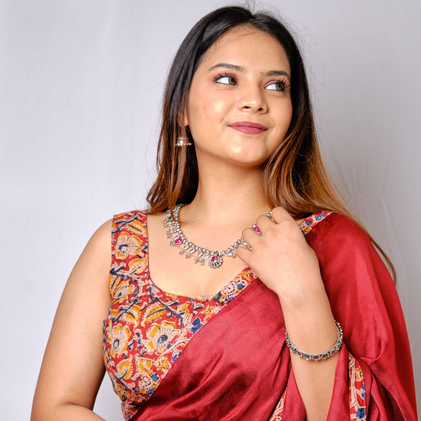 Sindoory - Maroon Kalamkari Viscose Jute Saree with Patchwork