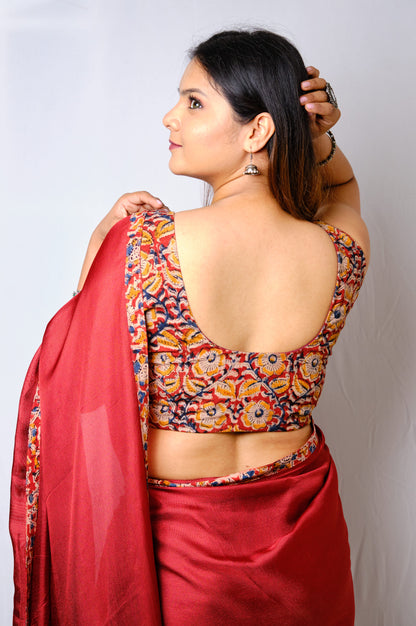 Sindoory - Maroon Kalamkari Viscose Jute Saree with Patchwork
