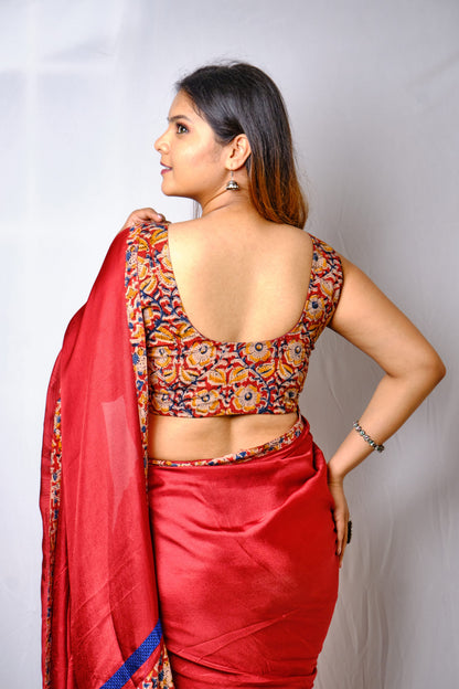 Sindoory - Maroon Kalamkari Viscose Jute Saree with Patchwork
