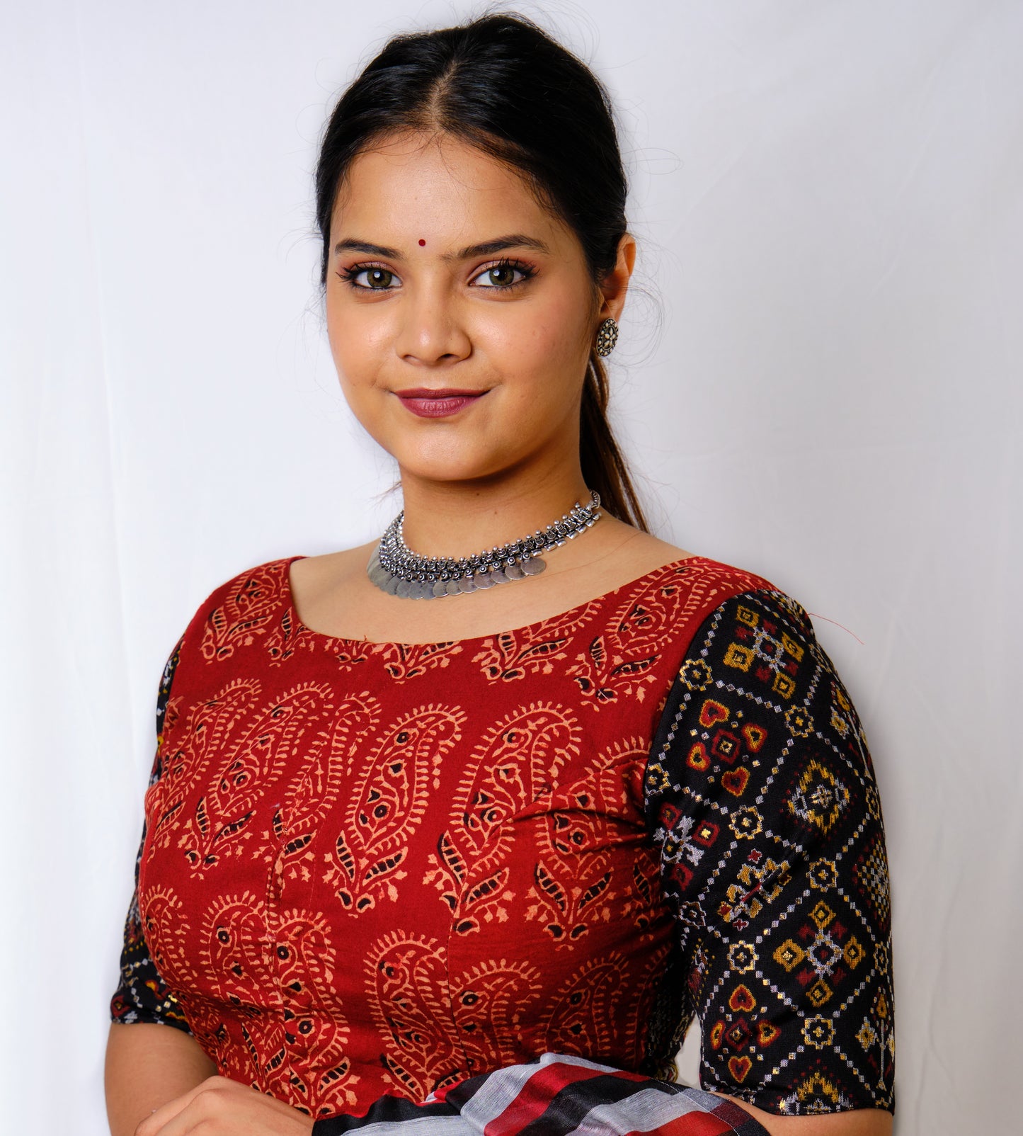 Dipika – Black Handloom Cotton Ethnic Blouse with Kalamkari & Mirror Work