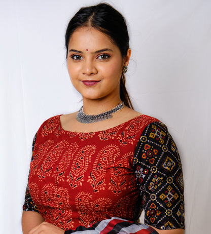 Dipika – Black Handloom Cotton Ethnic Blouse with Kalamkari & Mirror Work
