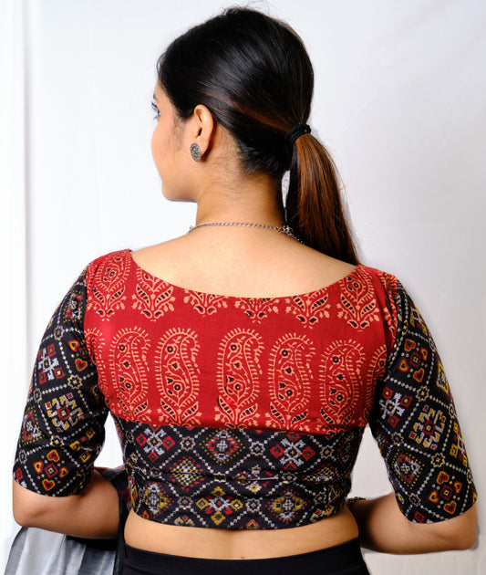 Dipika – Black Handloom Cotton Ethnic Blouse with Kalamkari & Mirror Work