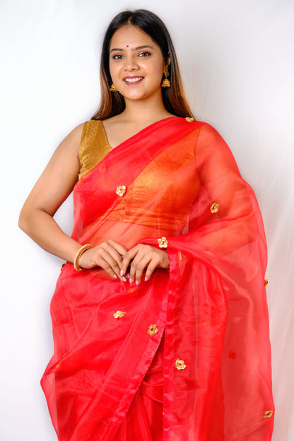 Red Rosy Organza Saree - Bridal and Festive Wear with Golden Rose Motifs