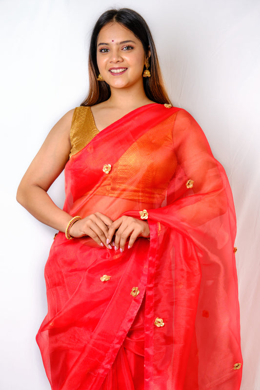 Red Rosy Organza Saree - Bridal and Festive Wear with Golden Rose Motifs