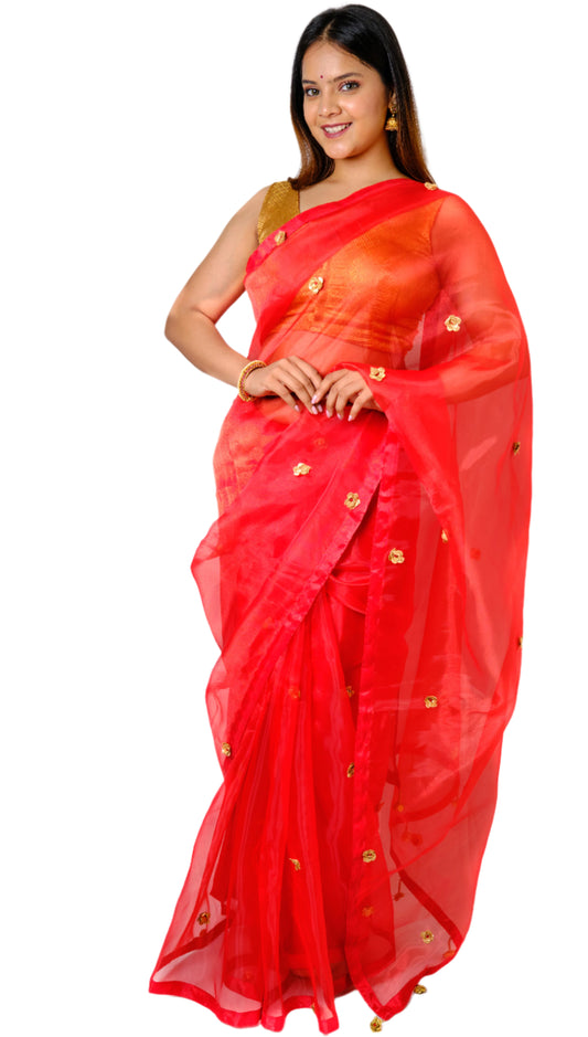 A woman posing in a red organza saree with golden rose motifs, standing against a white background.