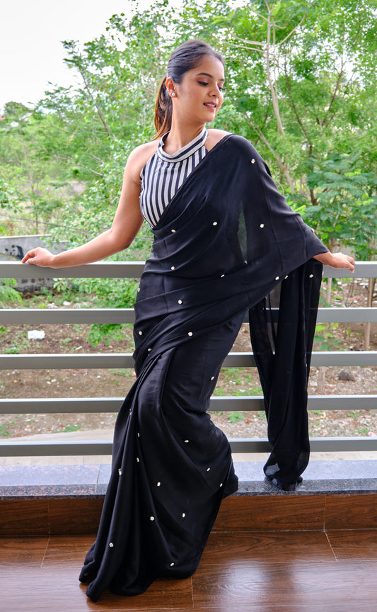 Night Sky - Black Modal Silk Saree with Elegant Pearl Motifs