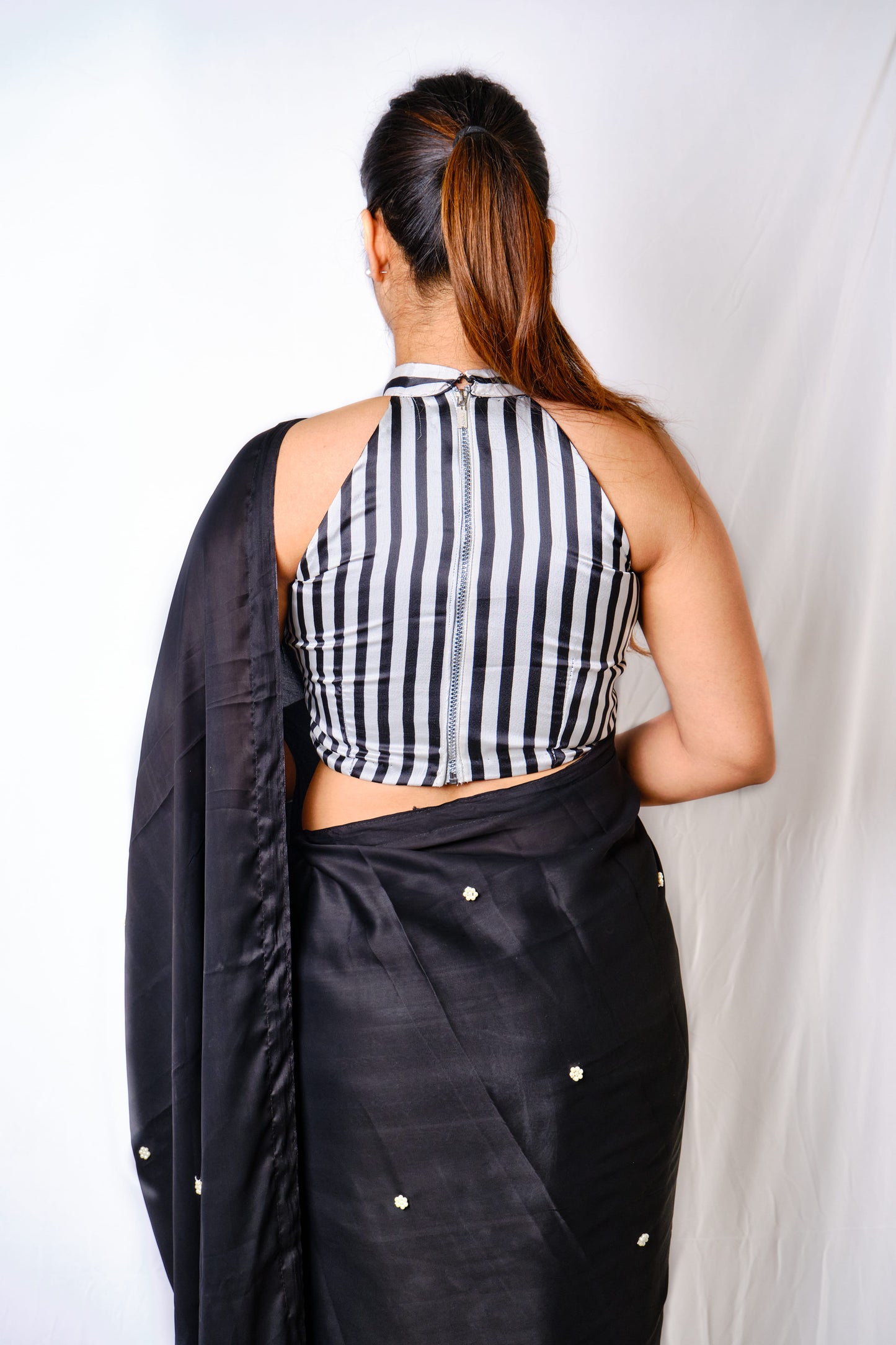 Night Sky - Black Modal Silk Saree with Elegant Pearl Motifs