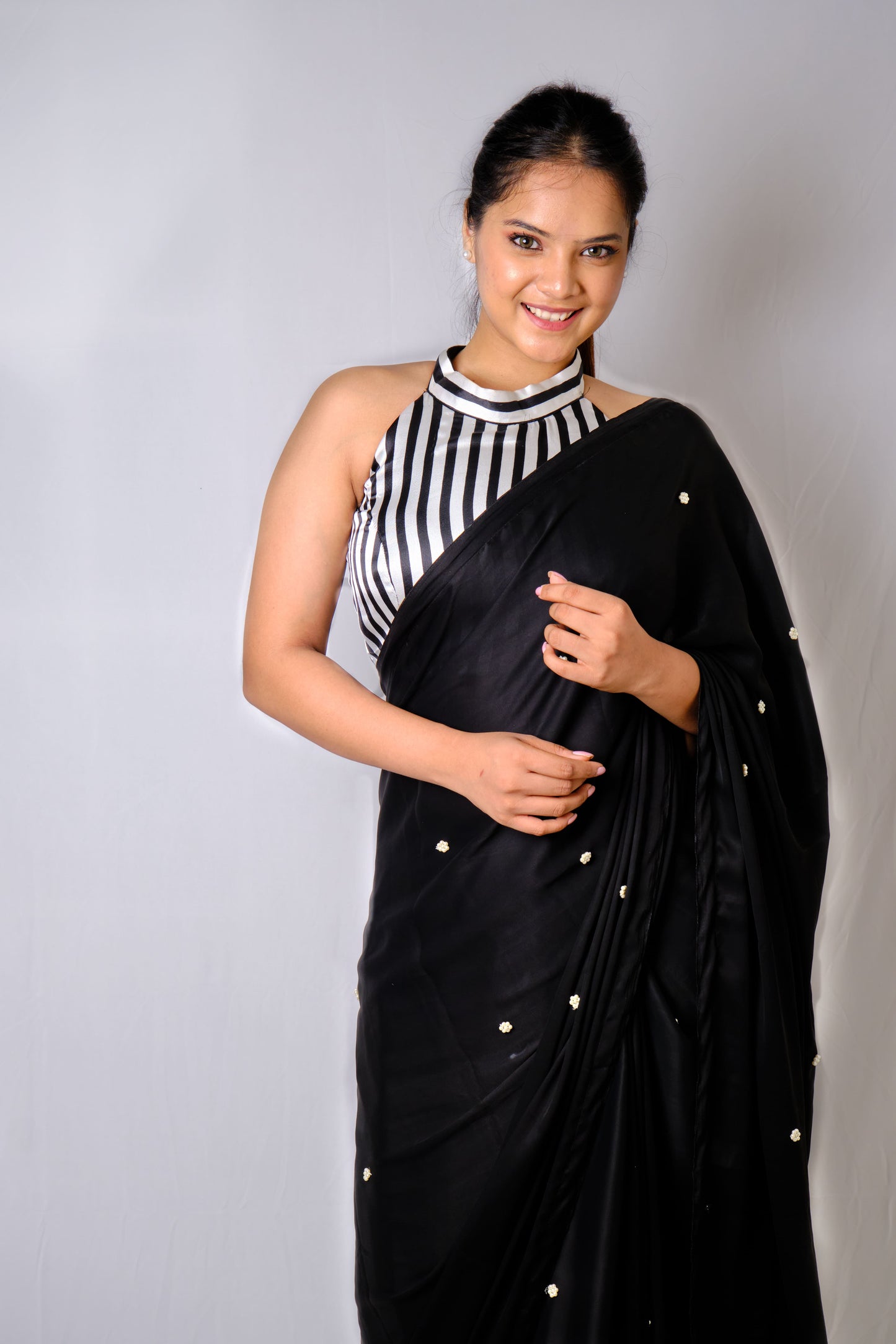 Night Sky - Black Modal Silk Saree with Elegant Pearl Motifs