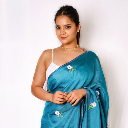 Blue Ocean - Sky Blue Embroidered Viscose Jute Saree with Crochet and Ari Work