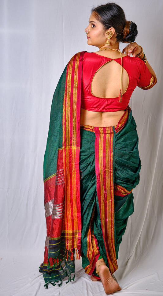 Dark Green Silk Ilkal Pre-Stitched Nauvari Saree