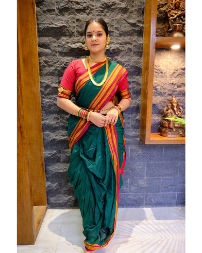 Dark Green Silk Ilkal Pre-Stitched Nauvari Saree