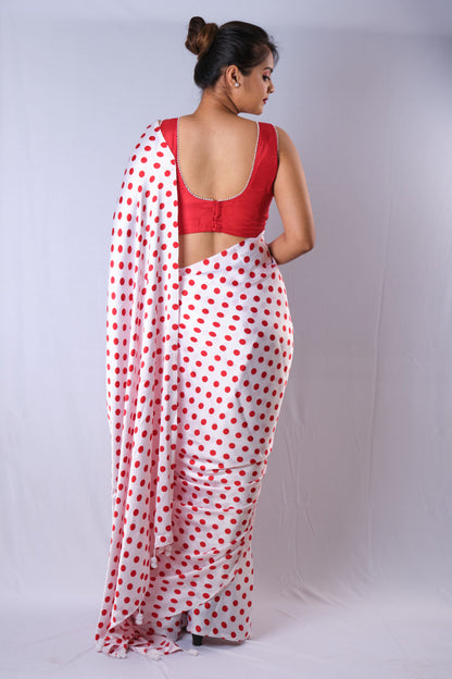 Polka Dot Satin Saree - Retro Bobby Print in Red with White Dots