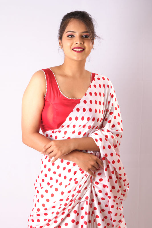 Polka Dot Satin Saree - Retro Bobby Print in Red with White Dots