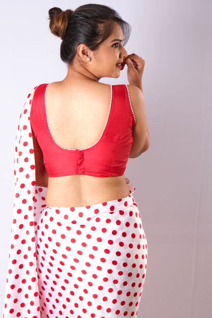 Polka Dot Satin Saree - Retro Bobby Print in Red with White Dots