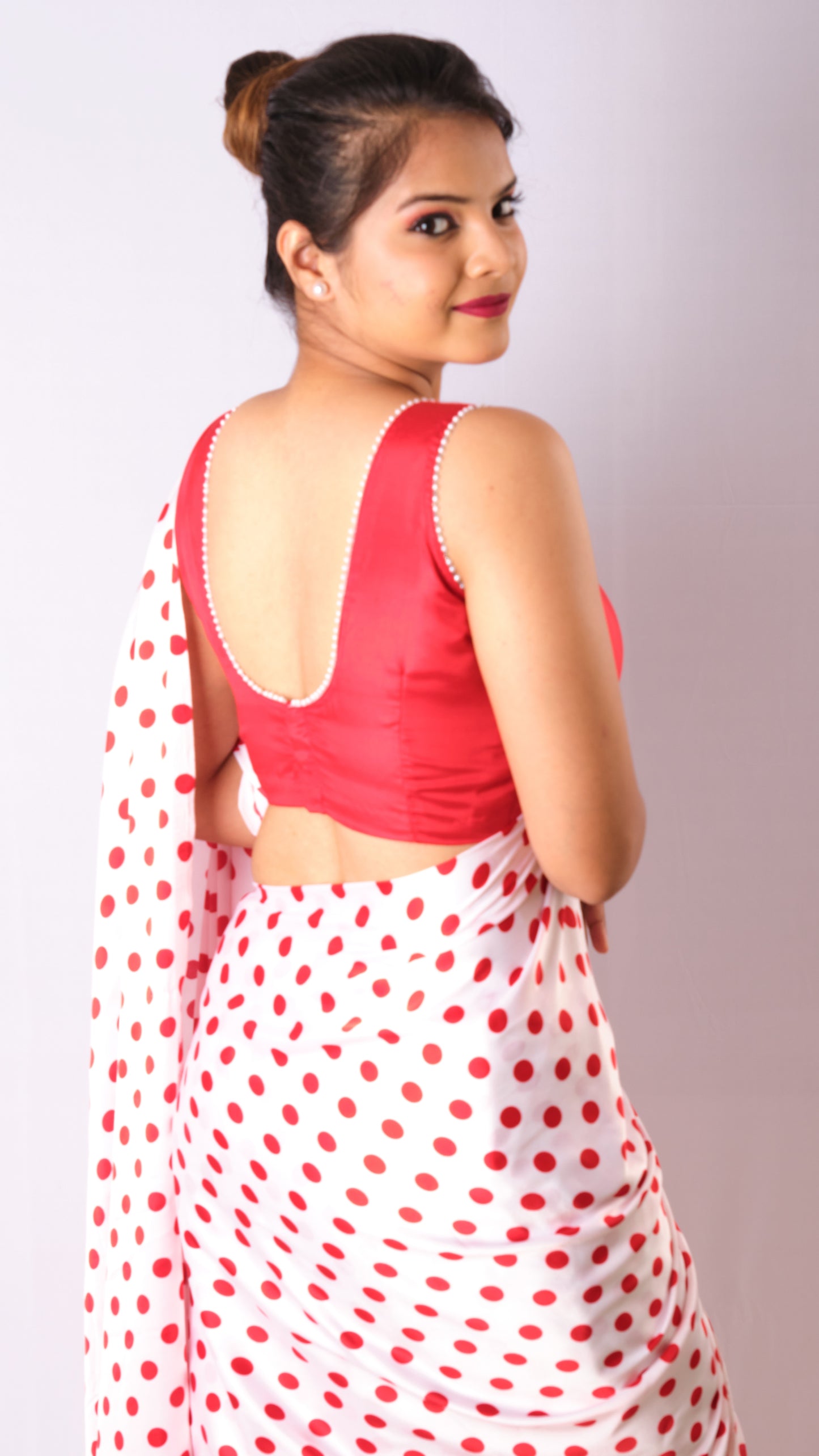 Polka Dot Satin Saree - Retro Bobby Print in Red with White Dots
