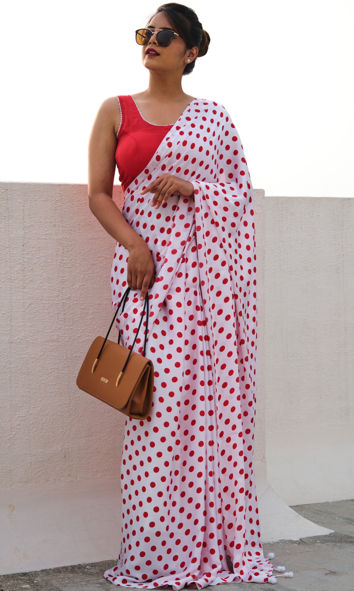 Polka Dot Satin Saree - Retro Bobby Print in Red with White Dots