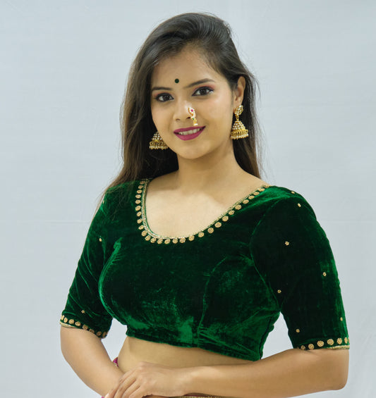Velvet Blouse with Zardozi Ariwork Hand Embroidery – Green Saree Blouse