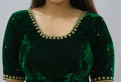 Velvet Blouse with Zardozi Ariwork Hand Embroidery – Green Saree Blouse
