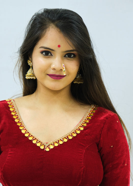 Polka Velvet Blouse with Zardozi Ariwork Hand Embroidery – Red Saree Blouse