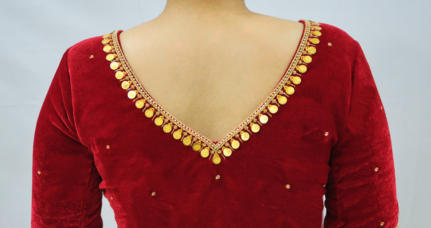 Polka Velvet Blouse with Zardozi Ariwork Hand Embroidery – Red Saree Blouse