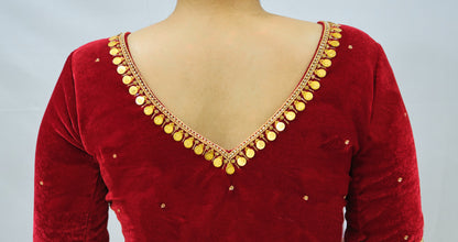 Polka Velvet Blouse with Zardozi Ariwork Hand Embroidery – Red Saree Blouse
