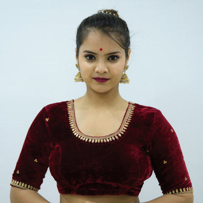 Velvet Blouse with Zardozi Ariwork Hand Embroidery – Elegant Maroon Saree Blouse