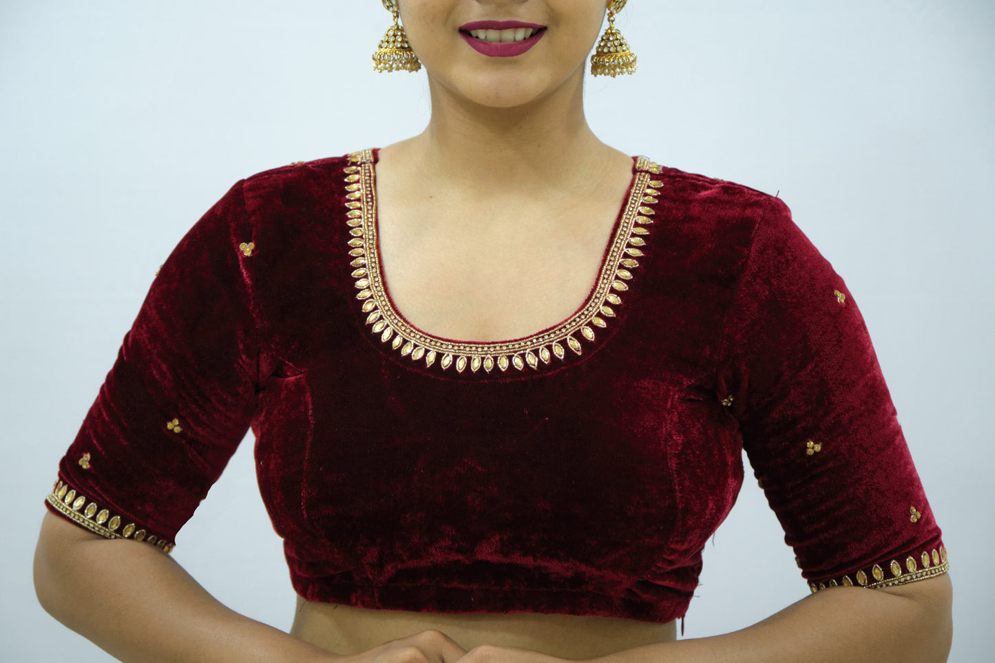 Velvet Blouse with Zardozi Ariwork Hand Embroidery – Elegant Maroon Saree Blouse