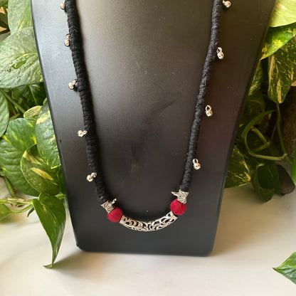 Handmade Ethnic Necklace – Red & Black with Silver Beads, Ghungroo & Macrame Pendant