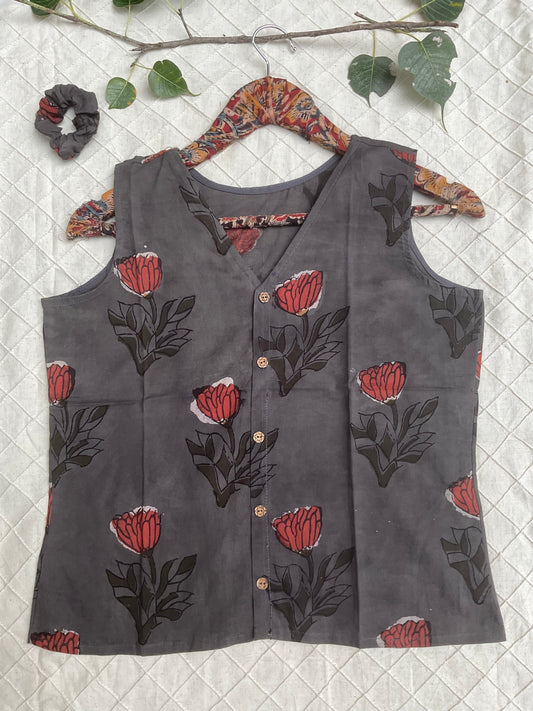 Handcrafted Indigo Cotton Top | Wooden Buttons & Bagru Print | LALAA