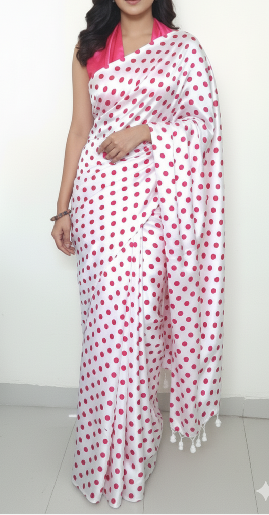 Woman wearing a white saree with red polka dots and a pink blouse against a white background