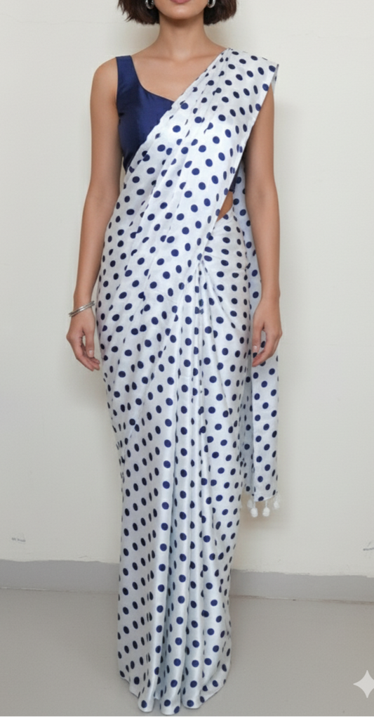 Woman wearing a white saree with blue polka dots and a navy blouse against a white background