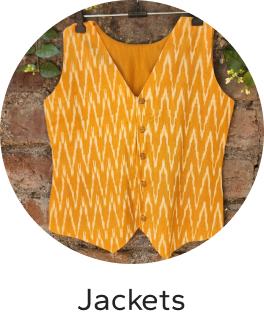 Yellow patterned vest on a wooden background with 'Jackets' text below.