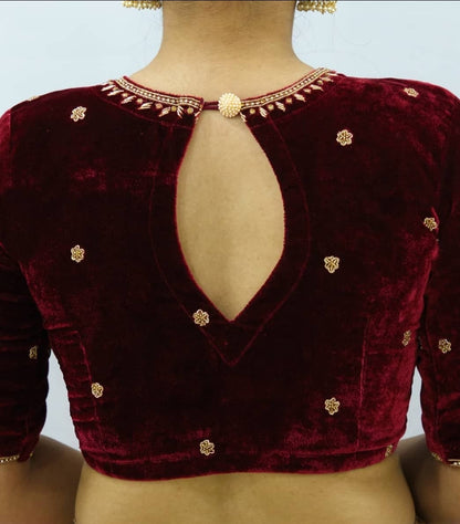 Velvet Blouse with Zardozi Ariwork Hand Embroidery – Maroon Saree Blouse