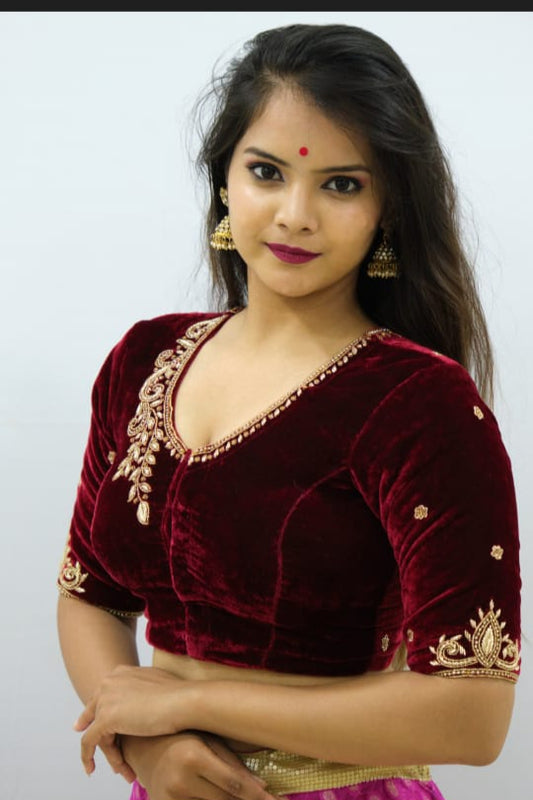 Velvet Blouse with Zardozi Ariwork Hand Embroidery – Maroon Saree Blouse