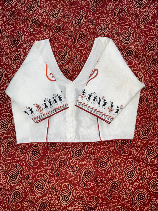 white handcrafted hand painted khadi silk blouse on a  kalamkari background
