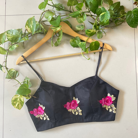 YADNYEE – Black Embroidered Net Spaghetti Blouse