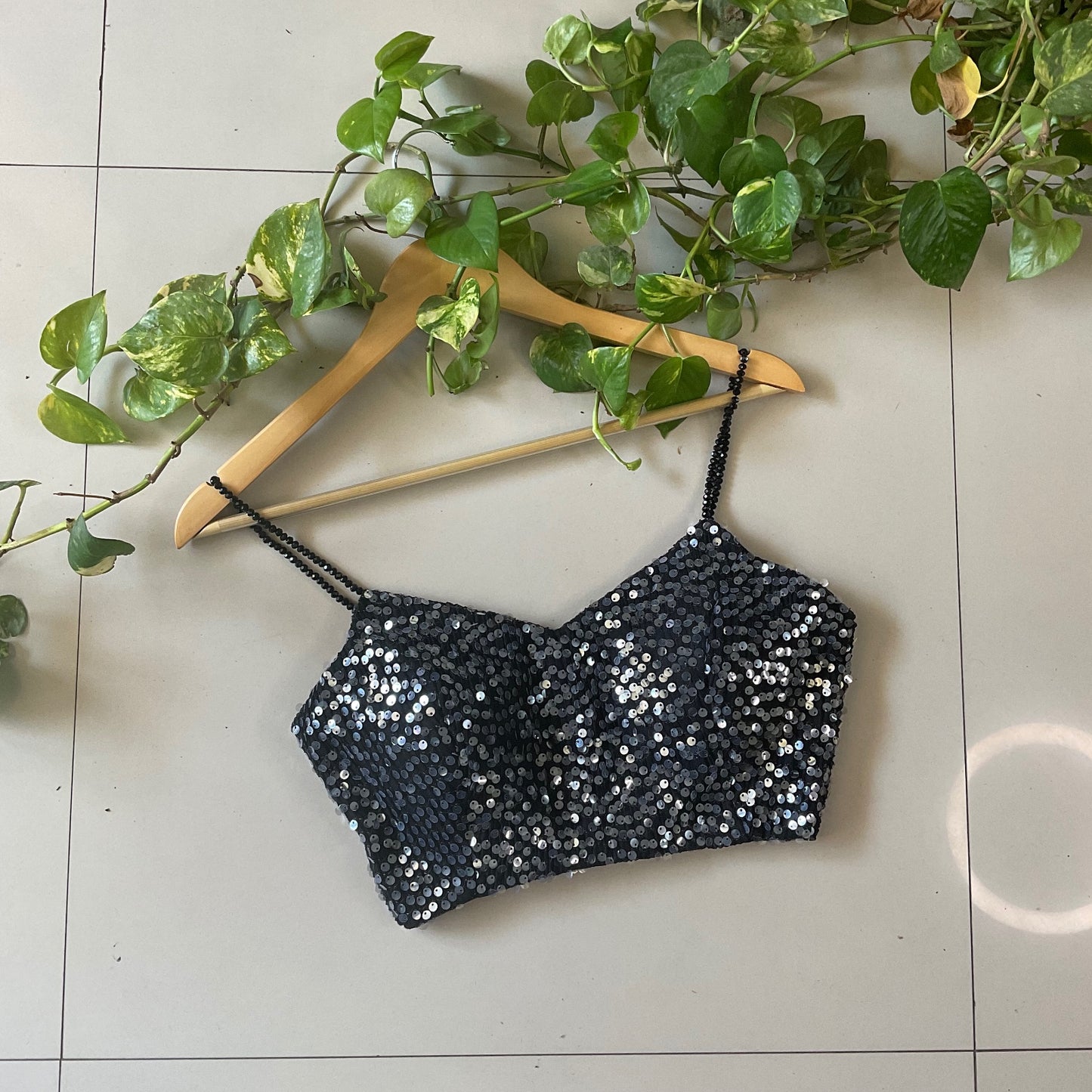 YADNYEE – Black Shimmer Spaghetti Strap Blouse