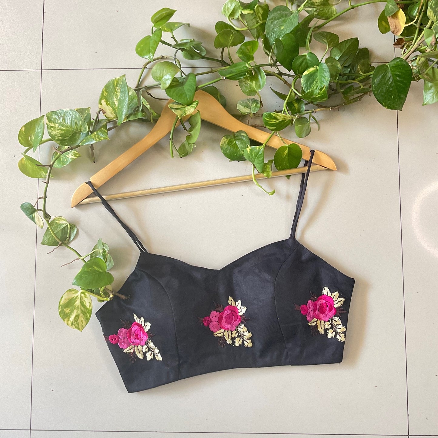 YADNYEE – Black Embroidered Net Spaghetti Blouse